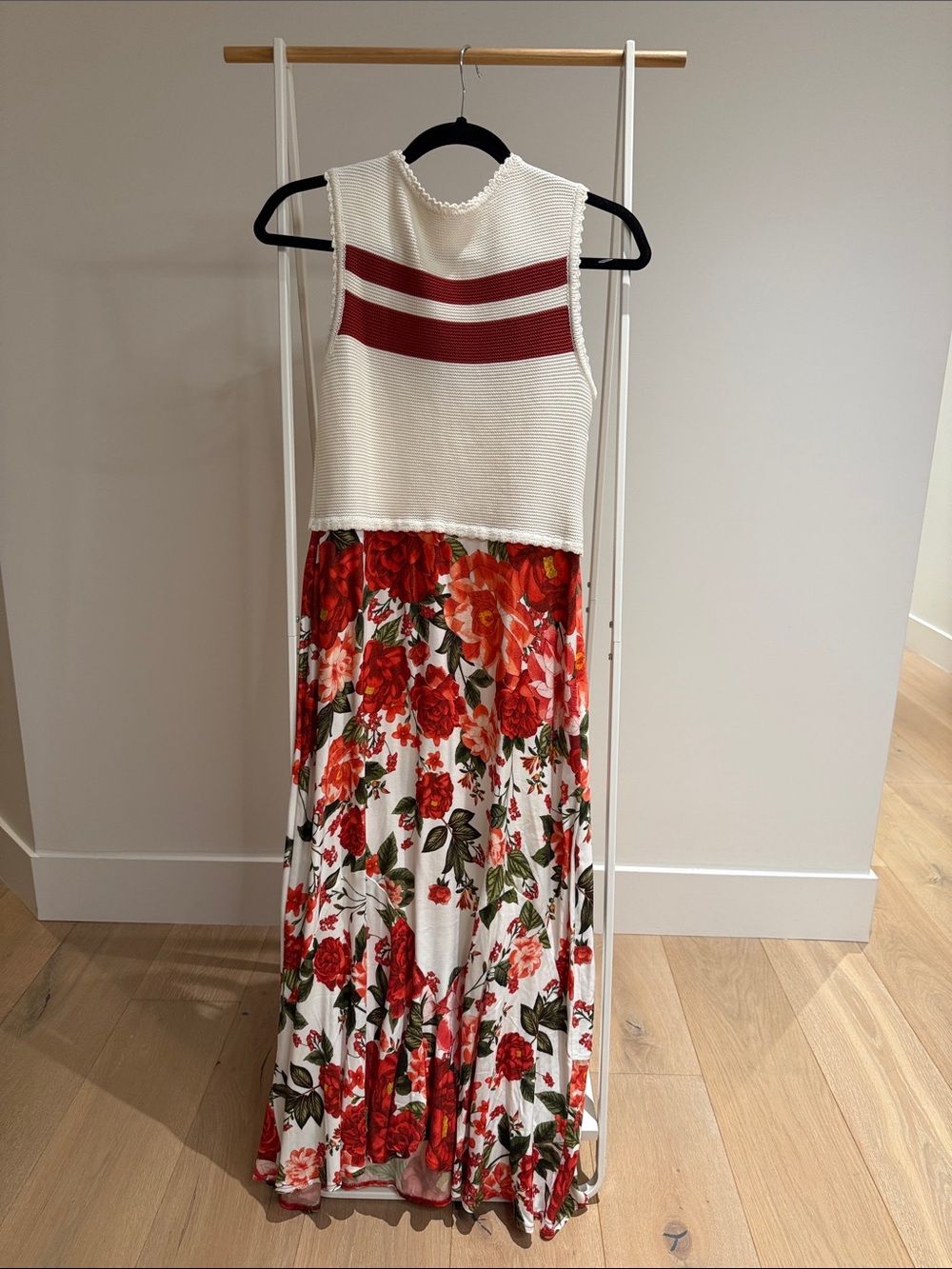 FARM Rio Cream Knit Top Maxi with Red Striped Yoke and Red Floral Skirt